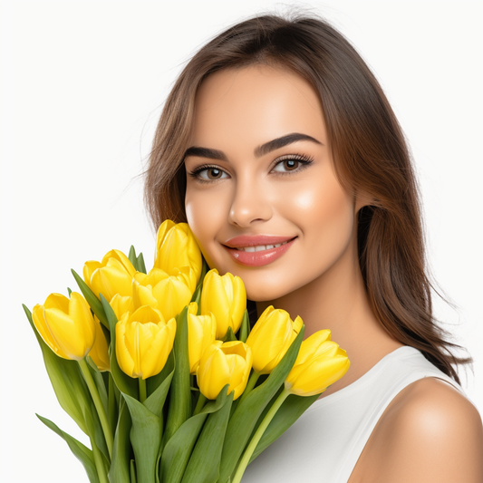 Mujer con tulipanes amarillos